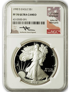 1990-S American Silver Eagle NGC PF70 UCAM John Mercanti