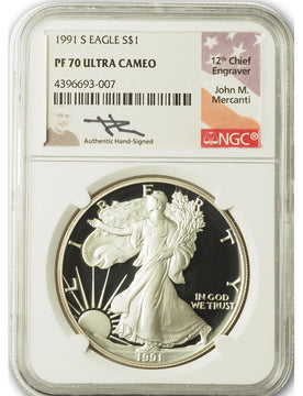 1991-S Silver Eagle NGC PF70 Ultra Cameo John Mercanti Signed