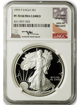 1993-P American Silver Eagle NGC PF70 UCAM Mercanti Signed