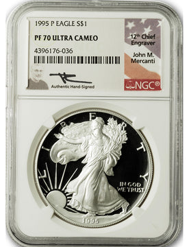 1995-P Silver Eagle NGC PF70 Ultra Cameo John Mercanti Signed