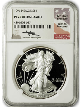 1996-P American Silver Eagle NGC PF70 Ultra Cameo John Mercanti Signed