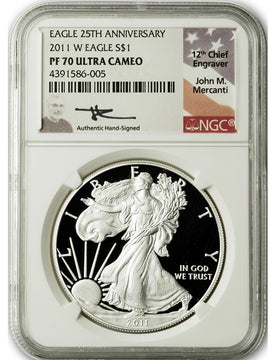 2011-W Silver Eagle NGC PF70 UCAM Mercanti Signed 25th Anniv