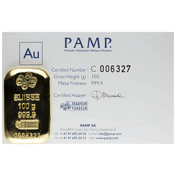 100 Gram Gold Pamp Suisse Bar w/Assay
