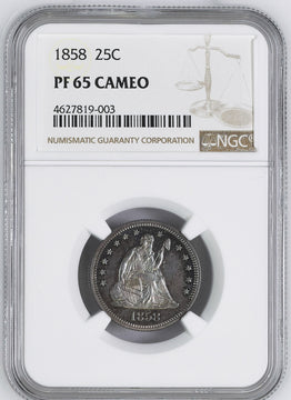 1858 Liberty Seated Quarter NGC PRCAM65
