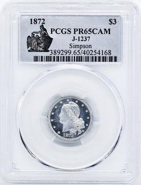 1872 $3 Three Dollar Gold Coin PCGS PR65CAM