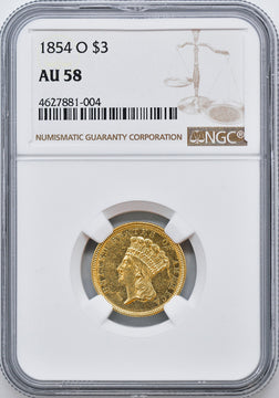 1854-O $3 Three Dollar Gold Coin NGC AU58