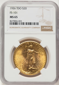 1926 $20 Tripled Die Obverse FS-101 Saint-Gaudens Double Eagle NGC MS65