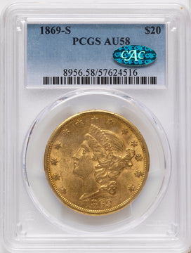 1869-S $20 CAC Liberty Double Eagle PCGS AU58 1869-S $20 CAC Liberty Double Eagle PCGS AU58