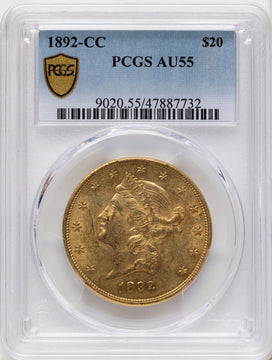 1892-CC $20 Liberty Double Eagle PCGS AU55 1892-CC $20 Liberty Double Eagle PCGS AU55