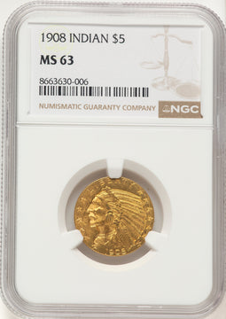 1908 $5 Indian Half Eagle NGC MS63