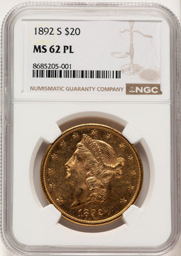 1892-S $20 PL Liberty Double Eagle NGC MS62