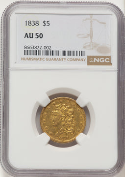 1838 $5 Classic Half Eagle NGC AU50
