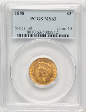 1888 $3 Three Dollar Gold Pieces PCGS MS63