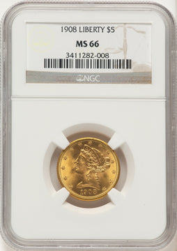 1908 $5 Liberty Liberty Half Eagle NGC MS66