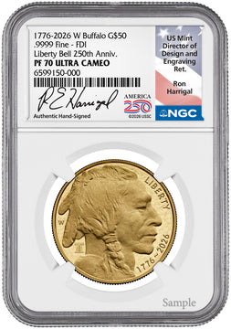 2026-W 1 oz Proof Gold Buffalo FDI 250 Liberty Bell NGC PF70 (1776-2026) Harrigal