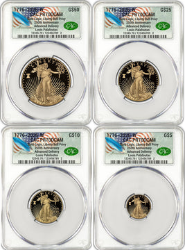 2026-W Proof Gold Eagle 250 Liberty Bell 4-Coin Set AD CAC PR70 (1776-2026) Founders