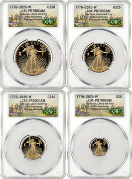 2026-W Proof Gold Eagle 250 Liberty Bell 4-Coin Set FDD CAC PR70 (1776-2026)