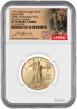2026-W 1/2 oz Proof Gold Eagle 250 Liberty Bell FDI NGC PF70 (1776-2026) Hancock