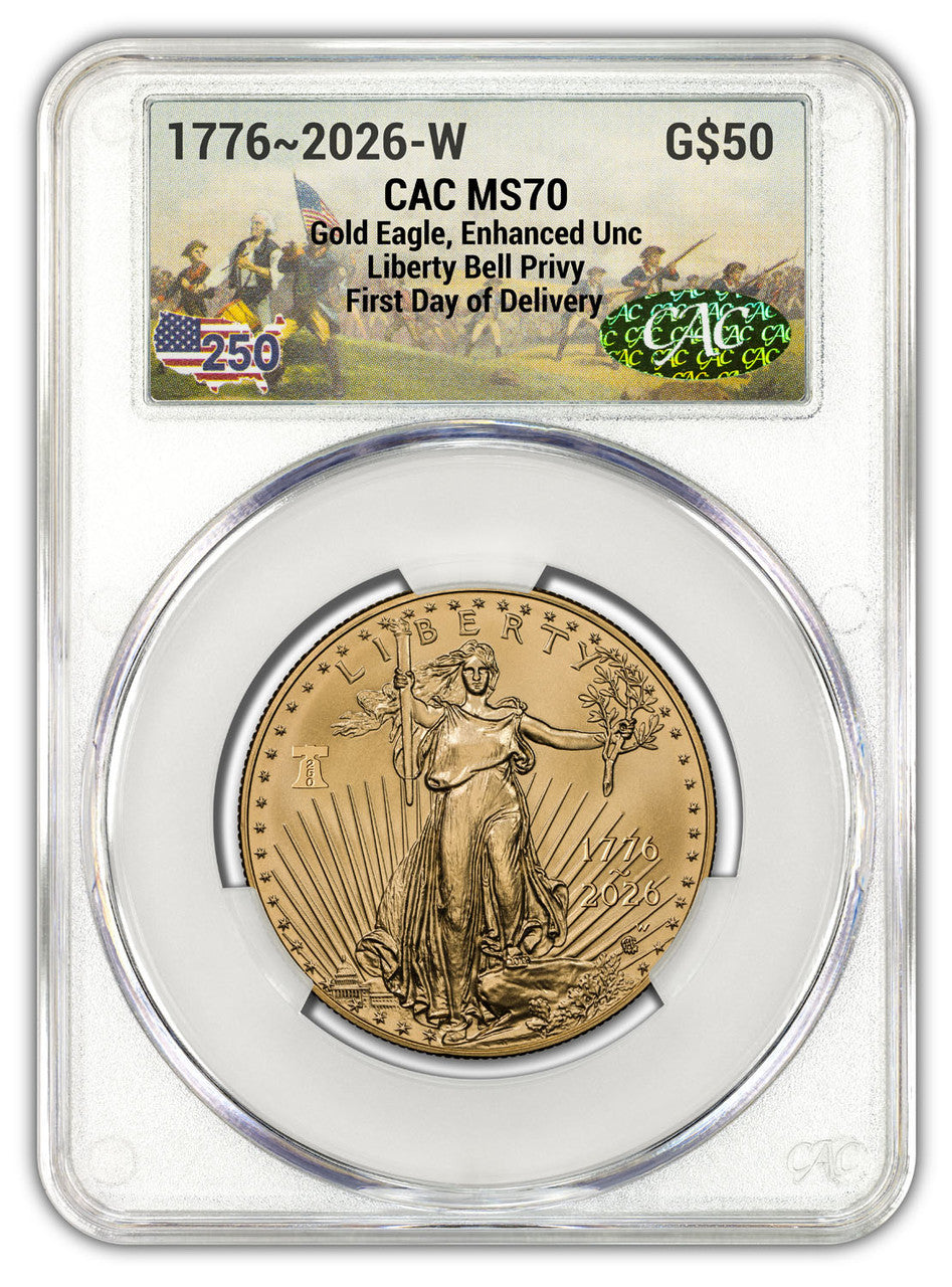 2026-W $50 1 oz Burnished Gold Eagle First Day of Delivery CAC