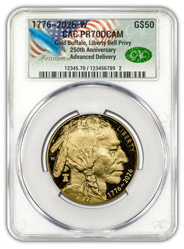 2026-W 1 oz Proof Gold Buffalo AD 250 Liberty Bell CAC PR70 (1776-2026) Founders