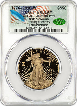 2026-W 1 oz Gold Eagle 250 Liberty Bell FDD CAC PR70 (1776-2026) Founders