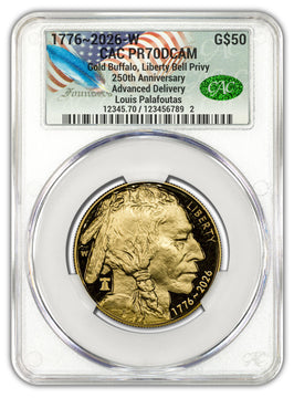 2026-W 1 oz Proof Gold Buffalo AD 250 Liberty Bell CAC PR70 (1776-2026) Founders 2026-W 1 oz Proof Gold Buffalo AD 250 Liberty Bell CAC PR70 (1776-2026) Founders