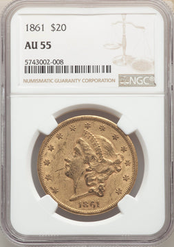 1861 $20 Liberty Gold Double Eagle NGC AU55