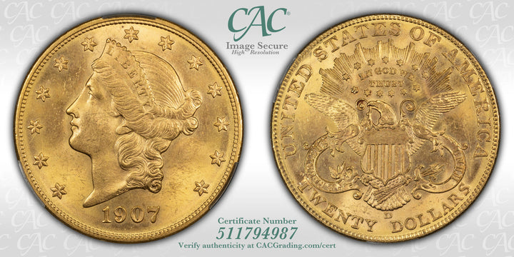 1907-D $20 Liberty Double Gold Eagle CACG MS63