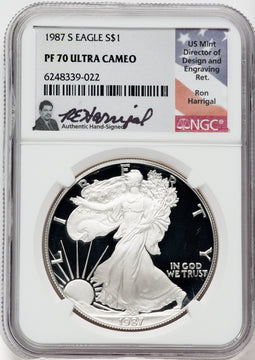 1987-S American Silver Eagle NGC PF70 Ultra Cameo Ron Harrigal Signed