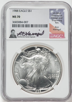 1988 American Silver Eagle NGC MS70 Ron Harrigal Signed