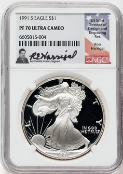 1991-S American Silver Eagle NGC PF70 Ultra Cameo Ron Harrigal Signed