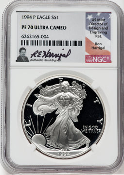 1994-P American Silver Eagle NGC PF70 Ultra Cameo Ron Harrigal Signed