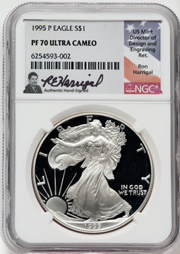 1995-P American Silver Eagle NGC PF70 Ultra Cameo Ron Harrigal Signed