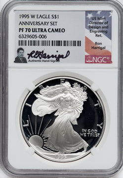 1995-W American Silver Eagle NGC PF70 Ultra Cameo Ron Harrigal Signed