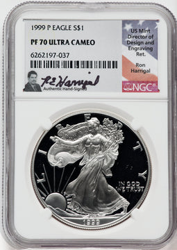1999-P American Silver Eagle NGC PF70 Ultra Cameo Ron Harrigal Signed