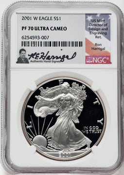 2001-W American Silver Eagle NGC PF70 Ultra Cameo Ron Harrigal Signed