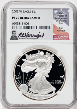 2002-W American Silver Eagle NGC PF70 Ultra Cameo Ron Harrigal Signed