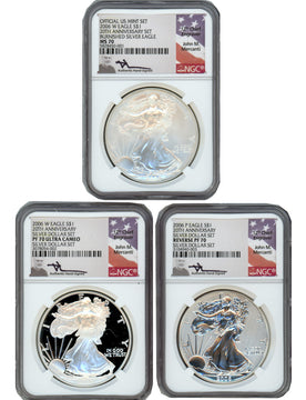 2006 Silver Eagle 20th Anniversary 3pc Silver Dollar Set NGC 70 Mercanti Signed