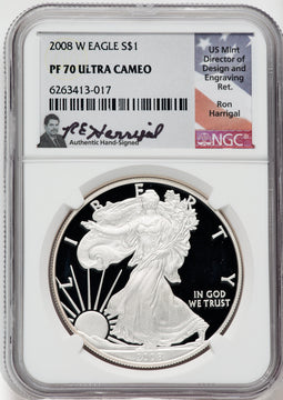 2008-W American Silver Eagle NGC PF70 Ultra Cameo Ron Harrigal Signed