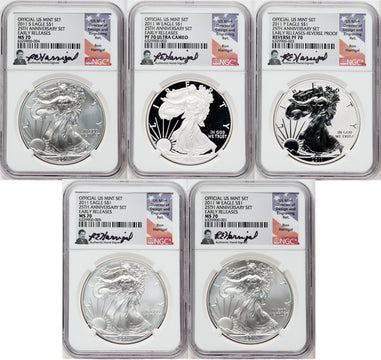 2011 Silver Eagle NGC 5-Coin Set PF70/MS70 Ron Harrigal Signed