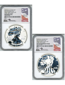 2013-W Silver Eagle 2pc Set Reverse PF70 and SP70 NGC John Mercanti Signed