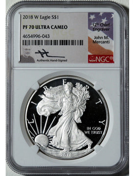 2018-W American Silver Eagle NGC PF70 UCAM Mercanti Signed