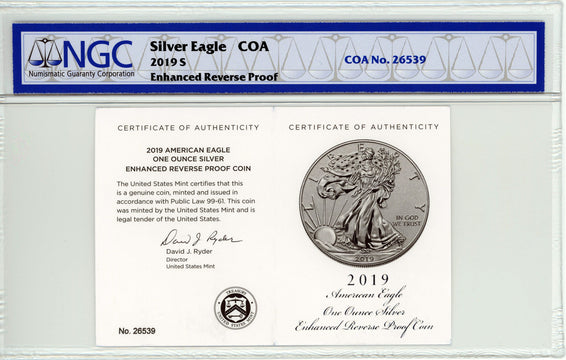 2019-S Enhanced Reverse Proof Silver Eagle First Releases NGC PF70 W/COA