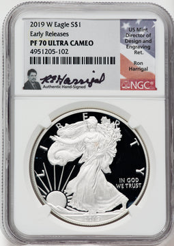 2019-W American Silver Eagle NGC PF70 Ultra Cameo Ron Harrigal Signed