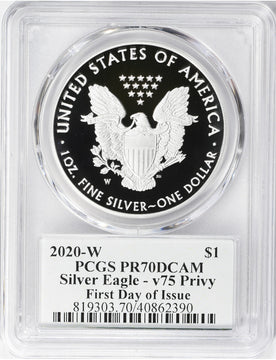 2020-W American Silver Eagle v75 WWII PCGS First Day of Issue PR70DCAM