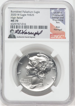 2020-W Palladium Burnished High Relief NGC MS70 Ron Harrigal Signed