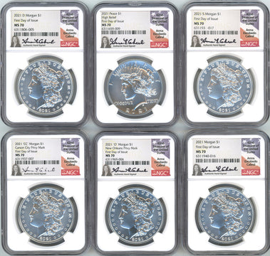 2021 Morgan Peace Dollar 6-pc Complete Set FDOI NGC MS70 Anna Cabral