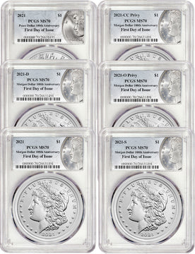2021 Morgan Peace Dollar First Day of Issue PCGS MS70 6-pc Complete Set 100th Anniversary