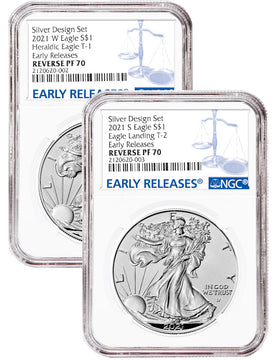 2021-S 2021-W Two-Coin Silver Eagle Set Reverse Proof Type 1 & 2 Designer Edition ER NGC PF70