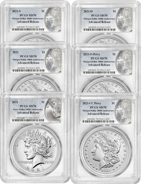 2021 Morgan Peace Dollar Advanced Release PCGS MS70 6-pc Complete Set 100th Anniversary